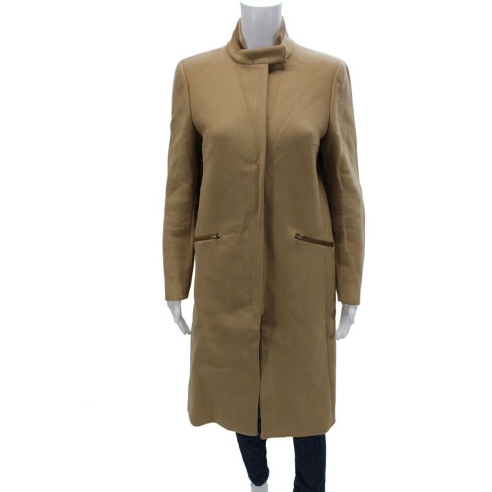 Prada Women Overcoat 100% Wool Tan Zip Mock Neck Long Sleeve Size 42
